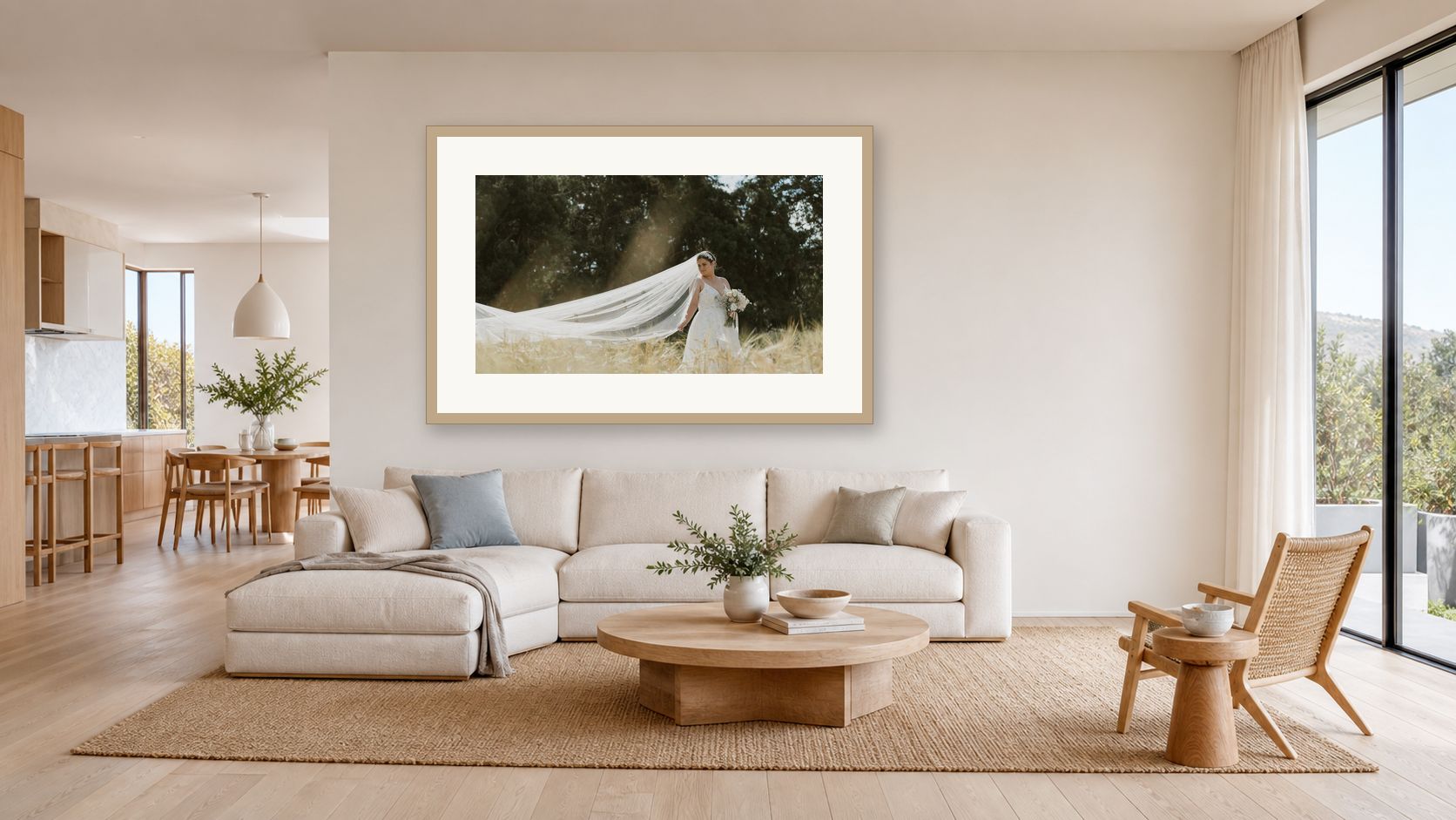 A bright lounge room with a large framed print of a bride's veil in the wind hanging above a white sofa
