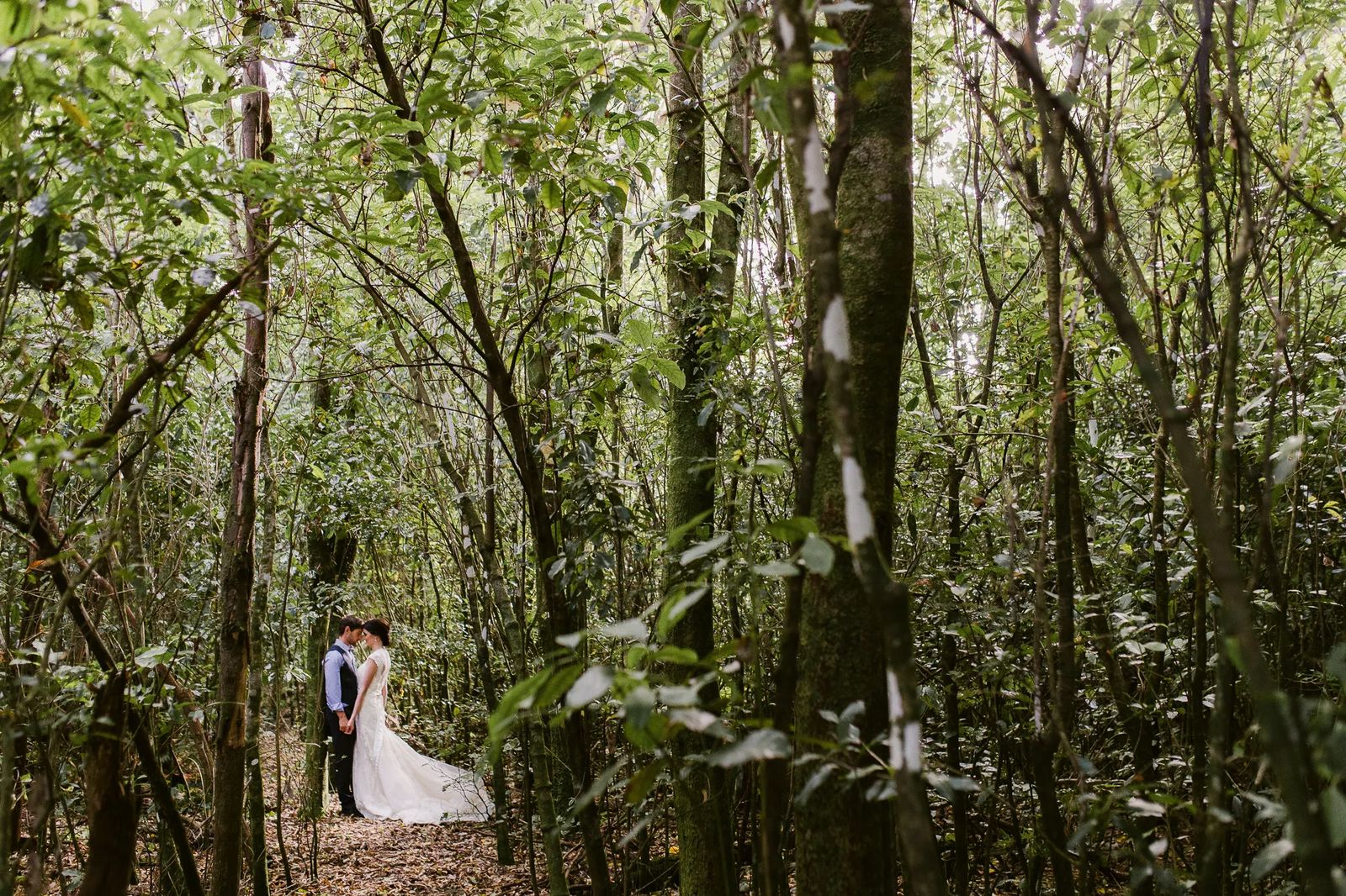 A bride and groom walking through a green forest
